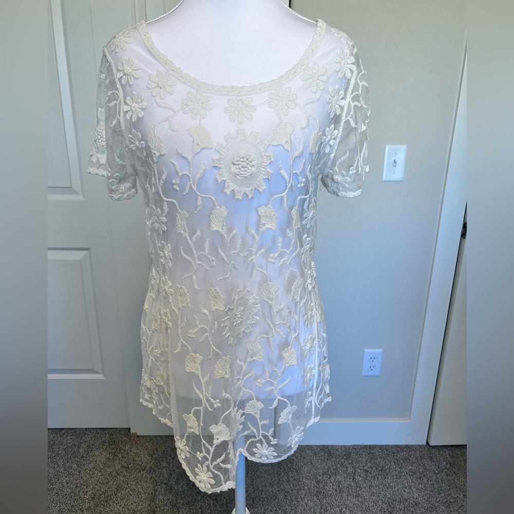 Cato Floral Intricate Lace Sheer Scalped Hem Art To Wear Boho Festival Top Sz S